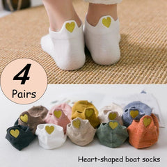 4 Pairs Cute Heart Embroidery Women’s Ankle Socks – Soft Cotton Fashion Casual Socks Set
