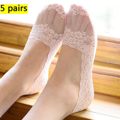 5 Pairs Women’s Lace Invisible Socks – Breathable Cotton No-Show Low Cut Boat Socks