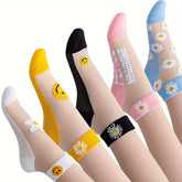 5-Pair Daisy & Smiley Women’s Short Socks Set – Cute Breathable Casual Ankle Socks