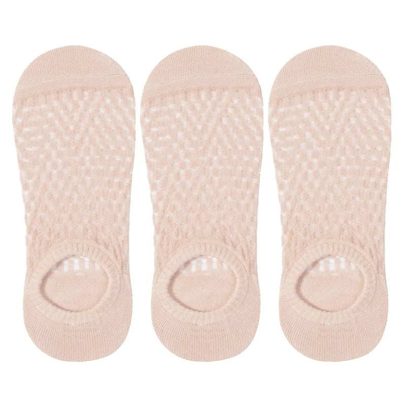 3 Pairs Boat Socks For Women Summer Thin Mesh Breathable Solid Color Socks Female Non-slip Invisible Shallow Crew Socks