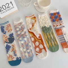 Korean Lace Crystal Silk Long Socks – Ultra-Thin Transparent Floral Fashion Socks for Women