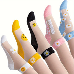 5-Pair Daisy & Smiley Women’s Short Socks Set – Cute Breathable Casual Ankle Socks