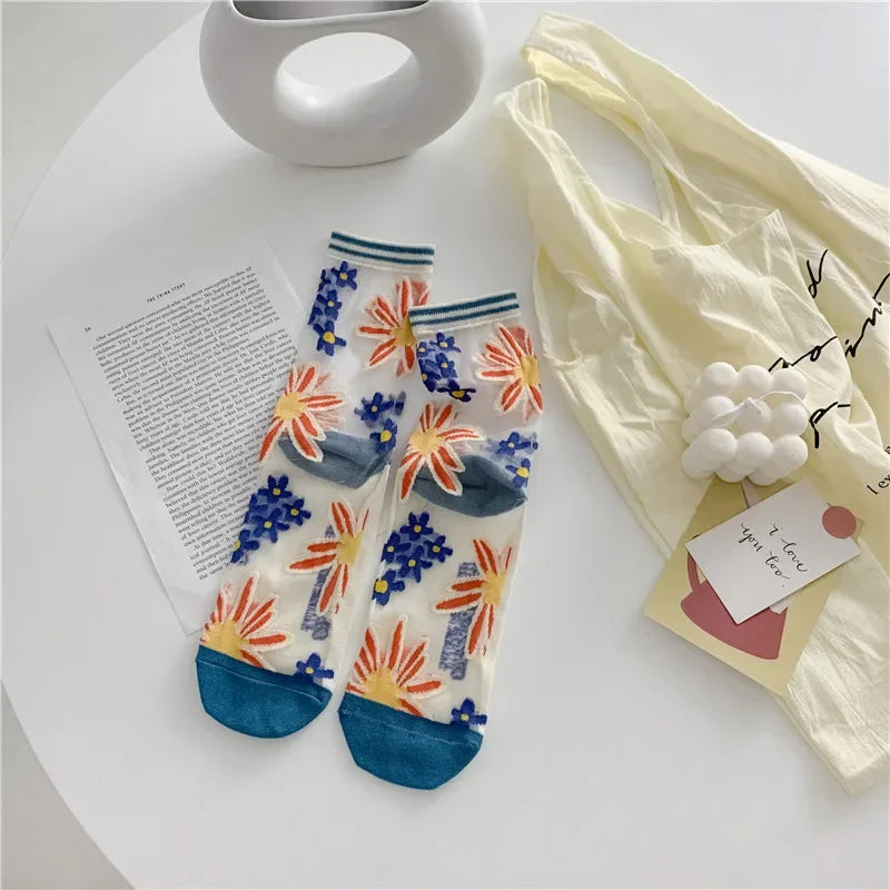 Korean Lace Crystal Silk Long Socks – Ultra-Thin Transparent Floral Fashion Socks for Women