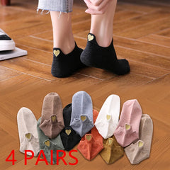 4 Pairs Cute Heart Embroidery Women’s Ankle Socks – Soft Cotton Fashion Casual Socks Set