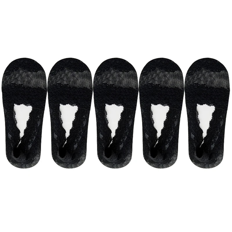 5 Pairs Women’s Lace Invisible Socks – Breathable Cotton No-Show Low Cut Boat Socks