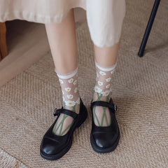 Korean Lace Crystal Silk Long Socks – Ultra-Thin Transparent Floral Fashion Socks for Women